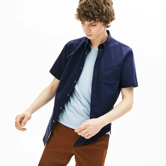 Button Down Shirts Lacoste Mens Regular Fit Mini Piqu Shirt Navy Blue USA