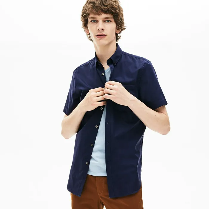 Button Down Shirts Lacoste Mens Regular Fit Mini Piqu Shirt Navy Blue USA