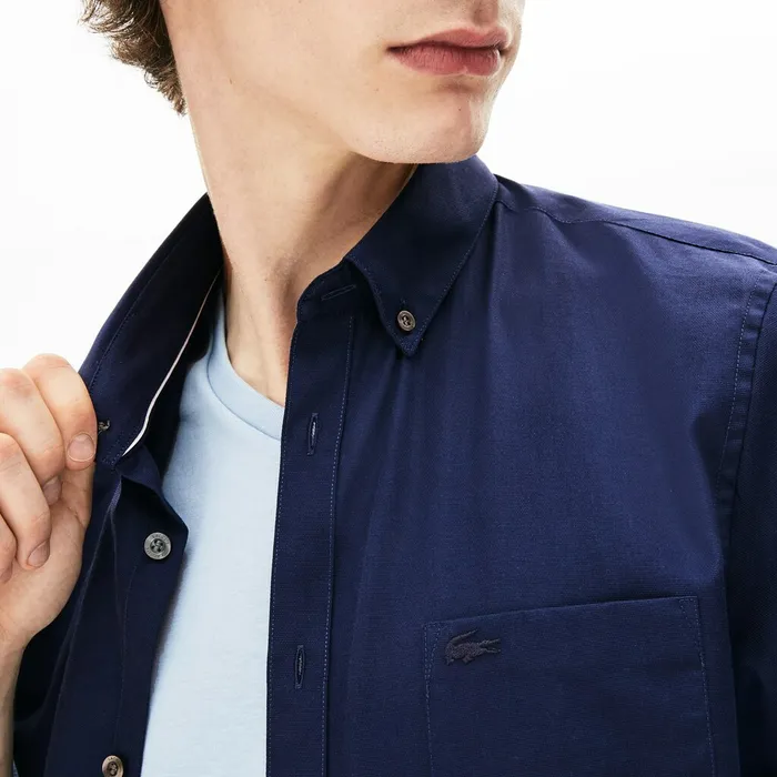 Button Down Shirts Lacoste Mens Regular Fit Mini Piqu Shirt Navy Blue USA