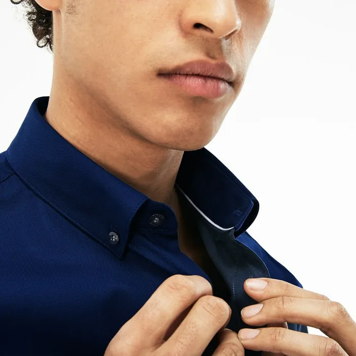 Button Down Shirts Lacoste Mens Regular Fit Mini Piqu Shirt Navy Blue USA