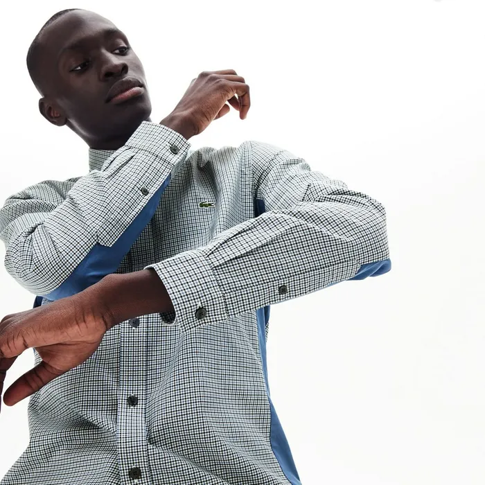 Button Down Shirts Lacoste Mens Regular Fit Paneled PrintBlocked Cotton Shirt BlueWhiteNavy Blue Gift for Friend