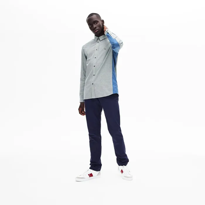Button Down Shirts Lacoste Mens Regular Fit Paneled PrintBlocked Cotton Shirt BlueWhiteNavy Blue Gift for Friend