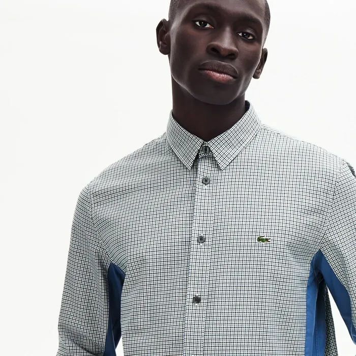 Button Down Shirts Lacoste Mens Regular Fit Paneled PrintBlocked Cotton Shirt BlueWhiteNavy Blue Gift for Friend