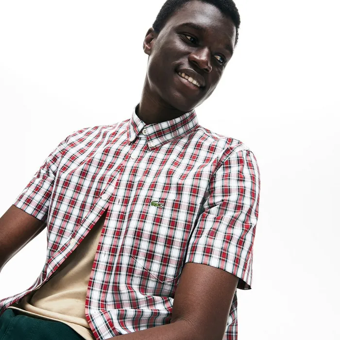 Button Down Shirts Lacoste Mens Short Sleeve Plaid Poplin Shirt WhiteBordeaux Cheap On Sale Button Down Shirts Lacoste Mens Short Sleeve Plaid Poplin Shirt WhiteBordeaux Cheap On Sale