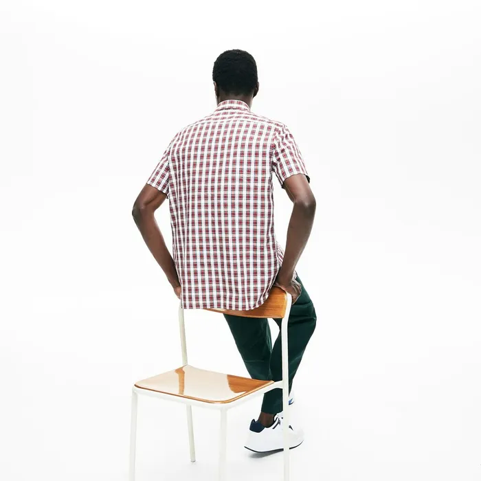 Button Down Shirts Lacoste Mens Short Sleeve Plaid Poplin Shirt WhiteBordeaux Cheap On Sale