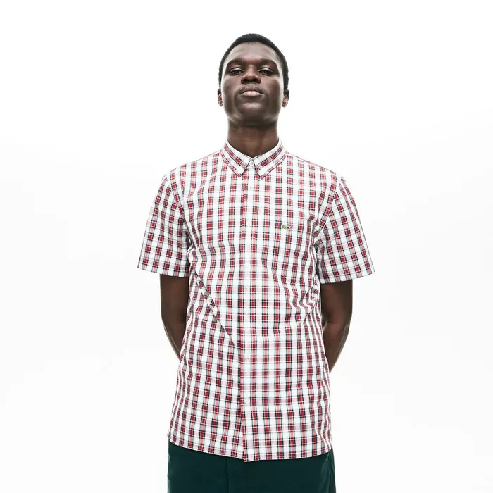 Button Down Shirts Lacoste Mens Short Sleeve Plaid Poplin Shirt WhiteBordeaux Cheap On Sale
