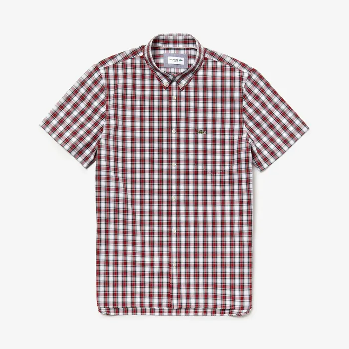Button Down Shirts Lacoste Mens Short Sleeve Plaid Poplin Shirt WhiteBordeaux Cheap On Sale