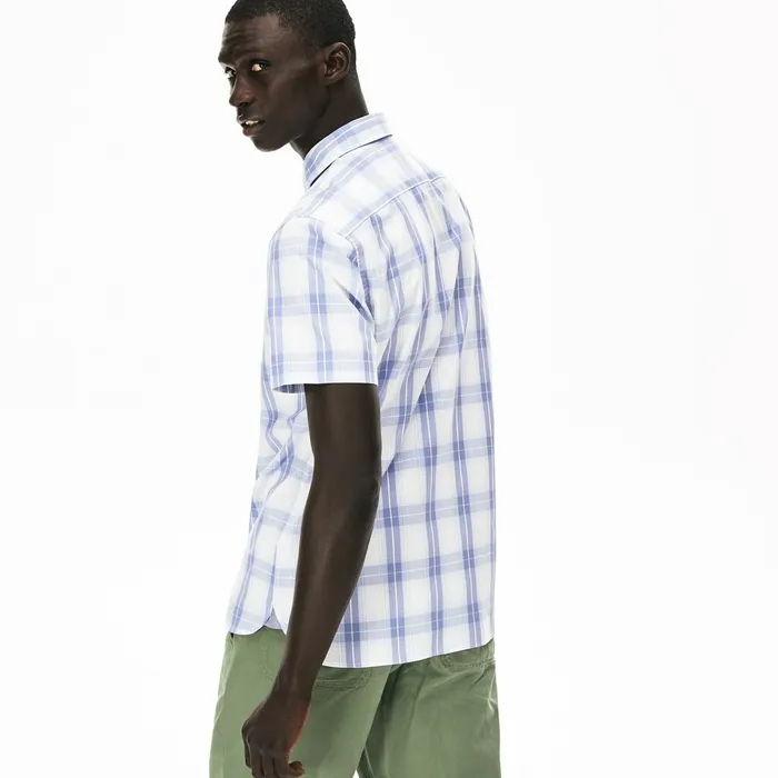 Button Down Shirts Lacoste Mens Slim Fit ShortSleeve Wool Stretch Shirt PurpleLight Blue Online Store