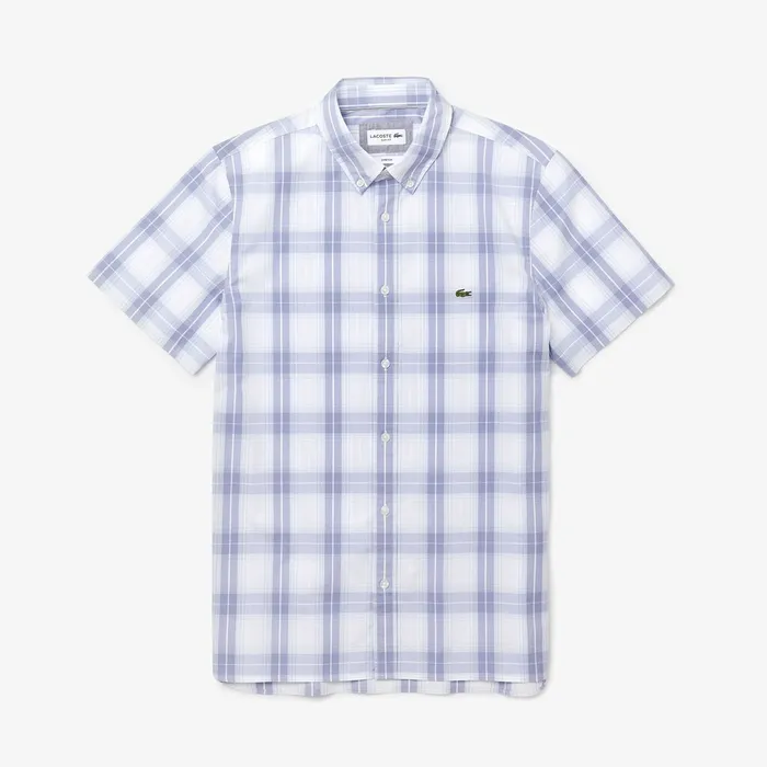 Button Down Shirts Lacoste Mens Slim Fit ShortSleeve Wool Stretch Shirt PurpleLight Blue Online Store