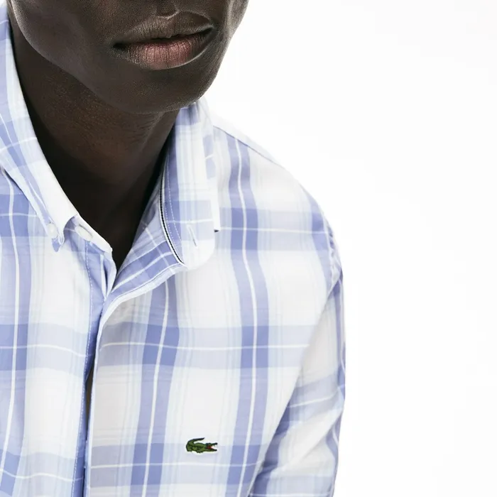 Button Down Shirts Lacoste Mens Slim Fit ShortSleeve Wool Stretch Shirt PurpleLight Blue Online Store