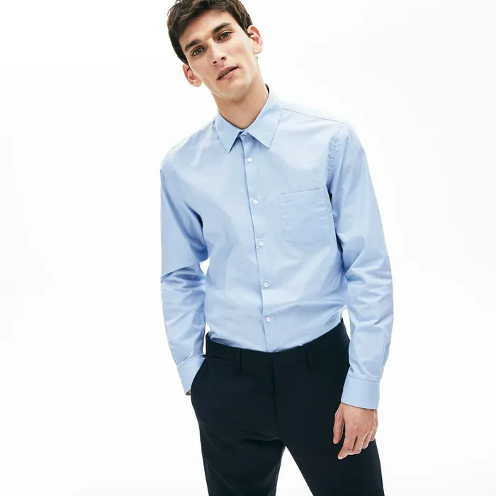 Button Down Shirts Lacoste Mens Textured Cotton Shirt Light BlueWhite Outlet