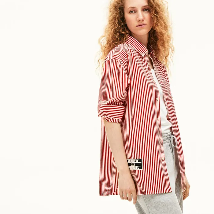 Button Down Shirts Lacoste Mens Unisex LIVE BoxyFit Striped Cotton Shirt WhiteRed Popular