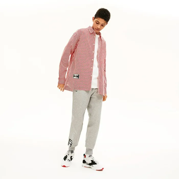 Button Down Shirts Lacoste Mens Unisex LIVE BoxyFit Striped Cotton Shirt WhiteRed Popular