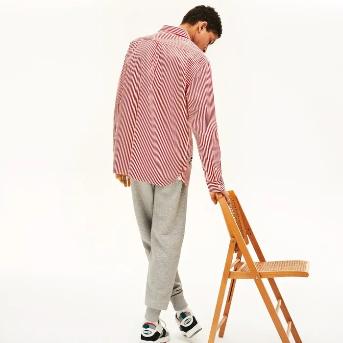Button Down Shirts Lacoste Mens Unisex LIVE BoxyFit Striped Cotton Shirt WhiteRed Popular