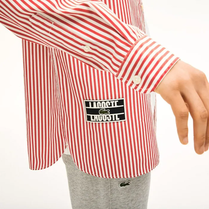 Button Down Shirts Lacoste Mens Unisex LIVE BoxyFit Striped Cotton Shirt WhiteRed Popular