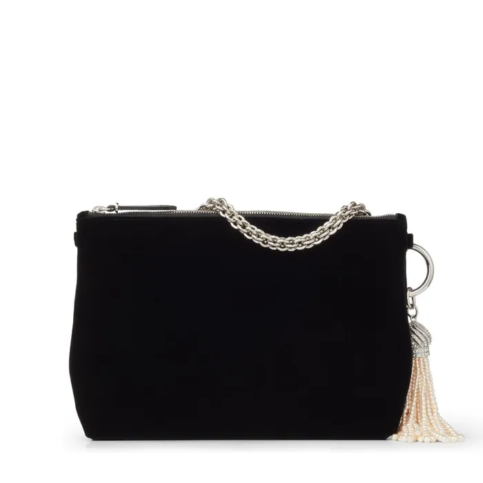 Callie Black Velvet Clutch Bag With Pearl Tassle Black Women JIMMY CHOO Clutch Bags