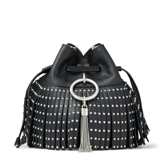 Callie DrawstringS Black Smooth Calf Leather Bucket Bag With Fringing And Studs Black Women JIMMY CHOO Bucket Bags Callie DrawstringS Black Smooth Calf Leather Bucket Bag With Fringing And Studs Black Women JIMMY CHOO Bucket Bags