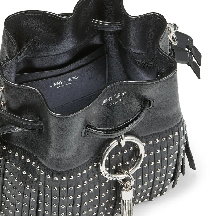 Callie DrawstringS Black Smooth Calf Leather Bucket Bag With Fringing And Studs Black Women JIMMY CHOO Bucket Bags