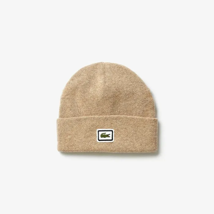 Caps and Hats Lacoste Mens Badge Thick Wool Blend Beanie Beige Gift for Friend Caps and Hats Lacoste Mens Badge Thick Wool Blend Beanie Beige Gift for Friend