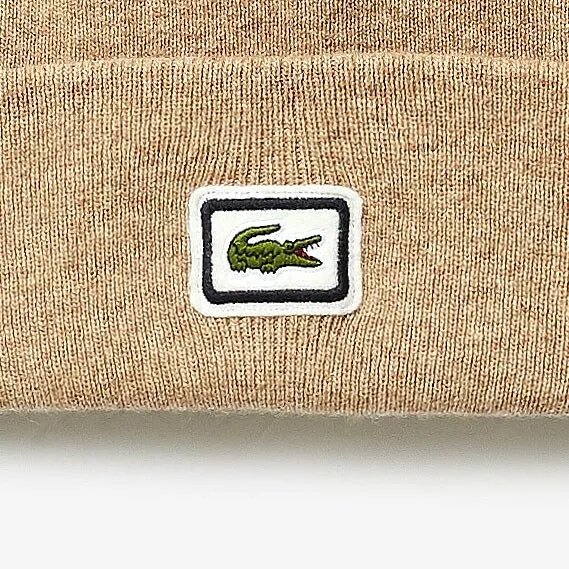 Caps and Hats Lacoste Mens Badge Thick Wool Blend Beanie Beige Gift for Friend