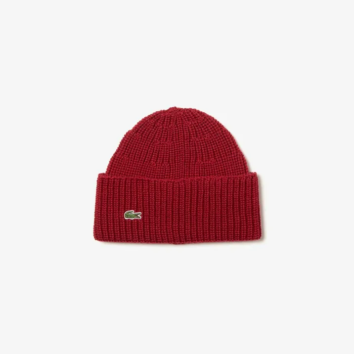 Caps and Hats Lacoste Mens Turned Edge Ribbed Wool Beanie Bordeaux Gift for Friend