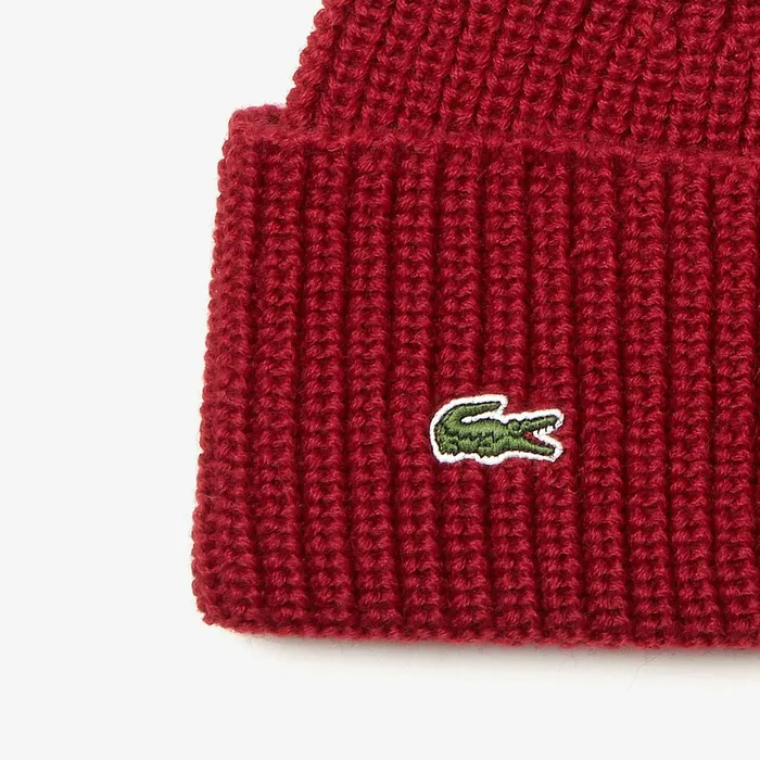 Caps and Hats Lacoste Mens Turned Edge Ribbed Wool Beanie Bordeaux Gift for Friend