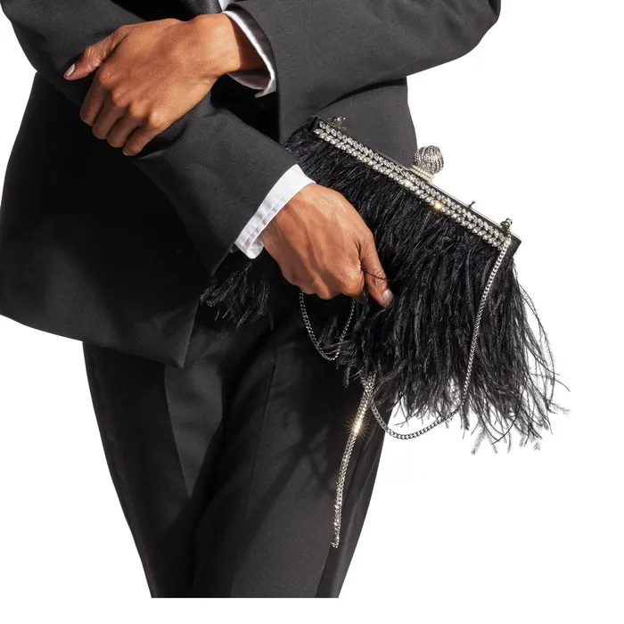 CelesteS Black Satin Clutch Bag With Ostrich Feathers Crystals And Dome Clasp Black Women JIMMY CHOO Clutch Bags