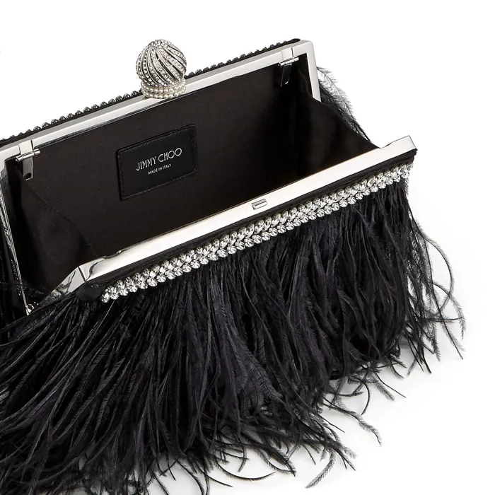 CelesteS Black Satin Clutch Bag With Ostrich Feathers Crystals And Dome Clasp Black Women JIMMY CHOO Clutch Bags