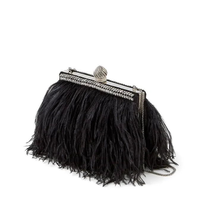 CelesteS Black Satin Clutch Bag With Ostrich Feathers Crystals And Dome Clasp Black Women JIMMY CHOO Clutch Bags