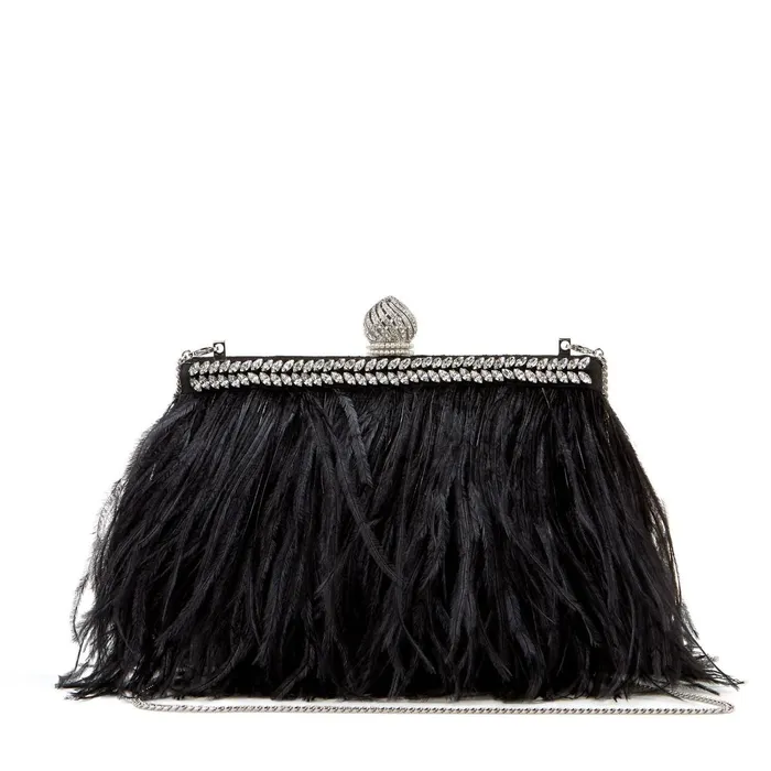 CelesteS Black Satin Clutch Bag With Ostrich Feathers Crystals And Dome Clasp Black Women JIMMY CHOO Clutch Bags