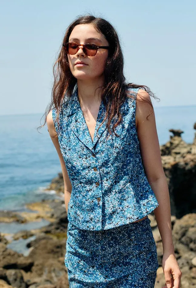 Ciao Lucia Siboney Blue Printed Sleeveless Satin Top Women Sleeveless Tops