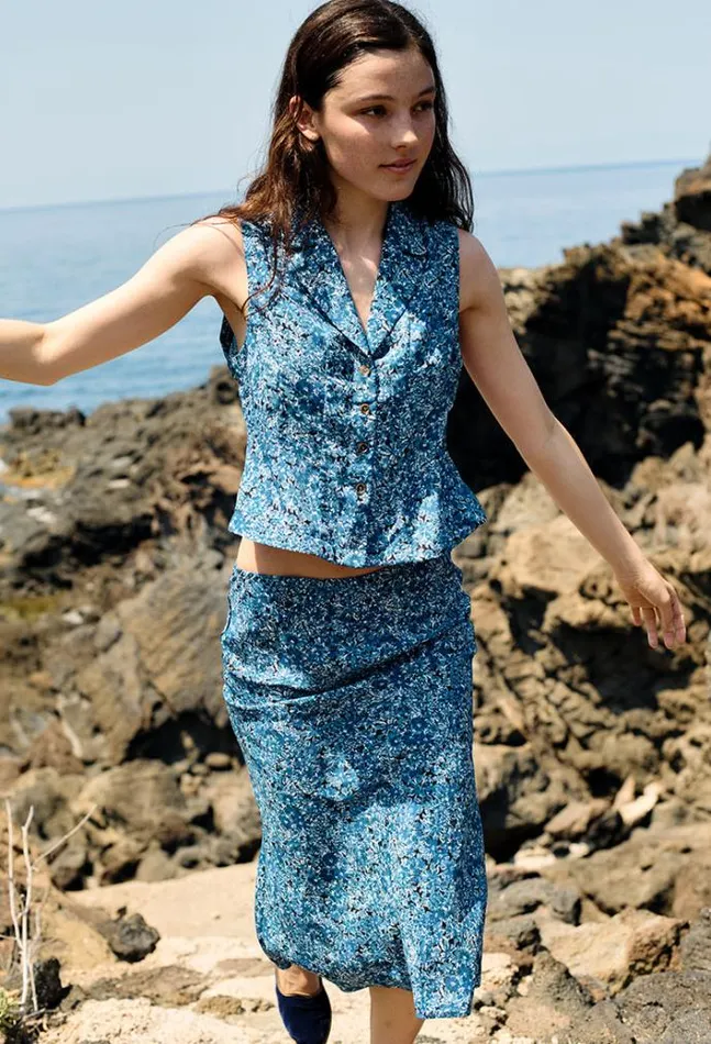 Ciao Lucia Siboney Blue Printed Sleeveless Satin Top Women Sleeveless Tops