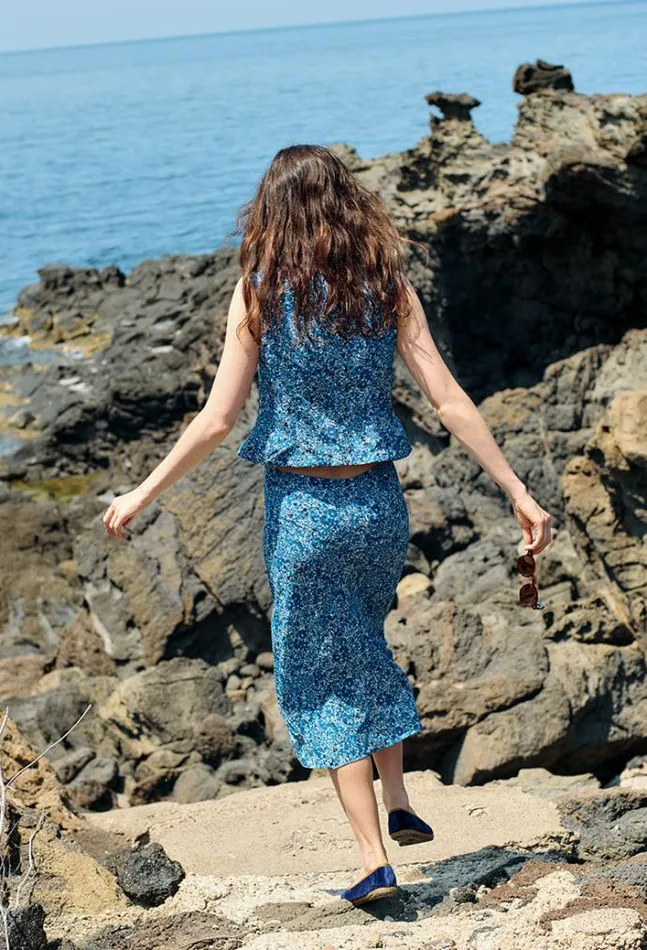 Ciao Lucia Siboney Blue Printed Sleeveless Satin Top Women Sleeveless Tops