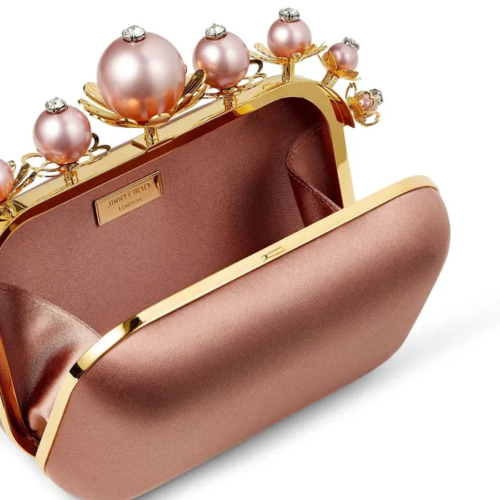 Cloud Blush Satin Clutch Bag With Pearl Flower Frame Blush Women JIMMY CHOO Clutch Bags