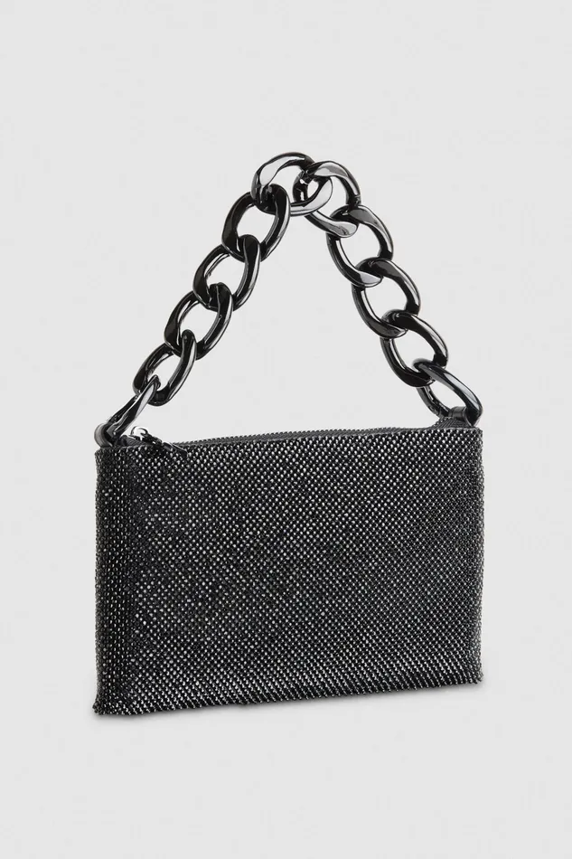 Crossbodys Women Patrizia Pepe Maxichain Rhinestone Clutch Bag Total Black Crystal