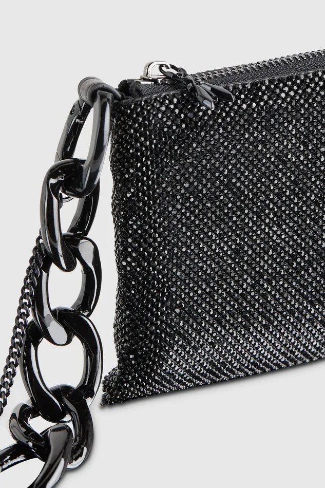 Crossbodys Women Patrizia Pepe Maxichain Rhinestone Clutch Bag Total Black Crystal