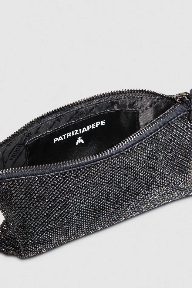 Crossbodys Women Patrizia Pepe Maxichain Rhinestone Clutch Bag Total Black Crystal