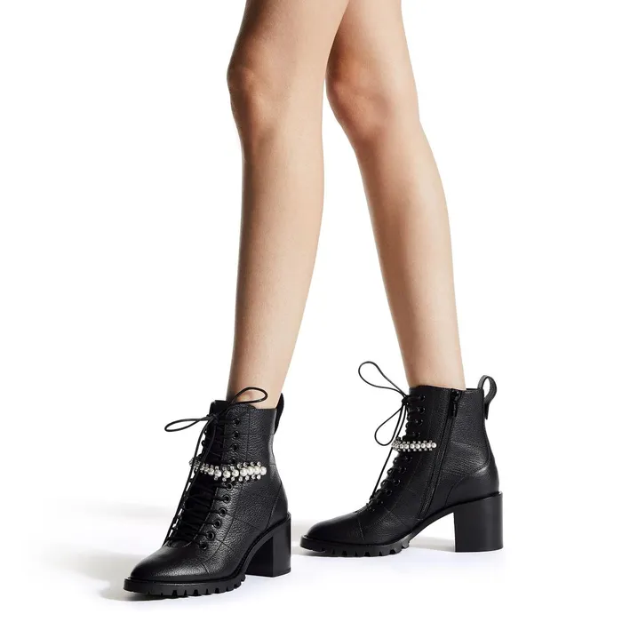 Cruz 65 Black Grained Leather LaceUp Combat Boots With Crystal And Pearl Detailing Blackwhite Women JIMMY CHOO Boots