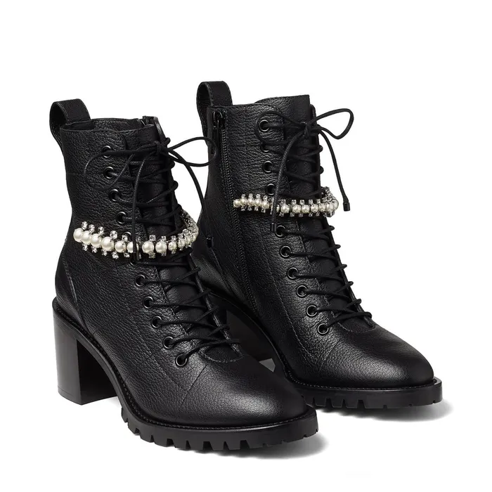 Cruz 65 Black Grained Leather LaceUp Combat Boots With Crystal And Pearl Detailing Blackwhite Women JIMMY CHOO Boots
