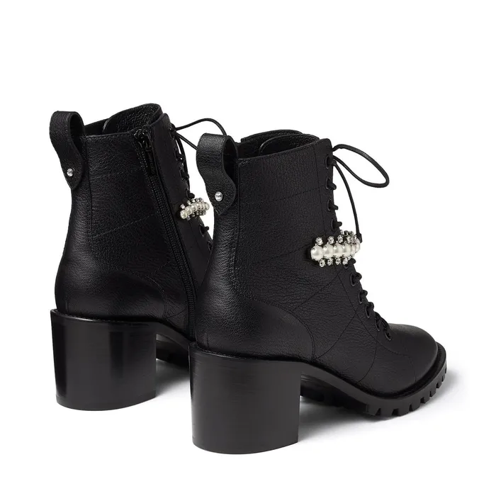 Cruz 65 Black Grained Leather LaceUp Combat Boots With Crystal And Pearl Detailing Blackwhite Women JIMMY CHOO Boots