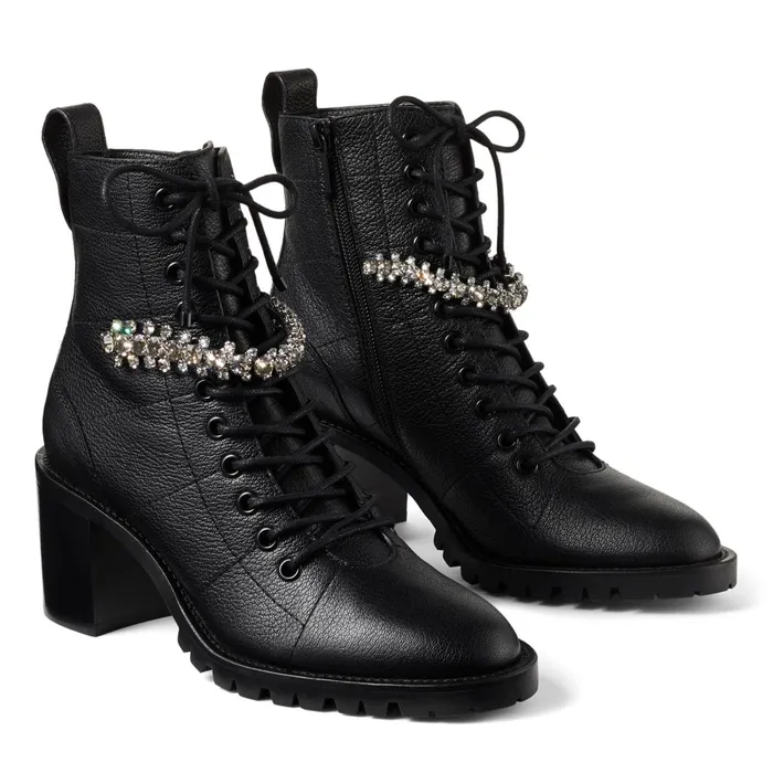 Cruz 65 Black Grained Leather LaceUp Combat Boots With Crystal Black Women JIMMY CHOO Boots