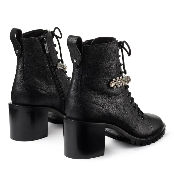 Cruz 65 Black Grained Leather LaceUp Combat Boots With Crystal Black Women JIMMY CHOO Boots