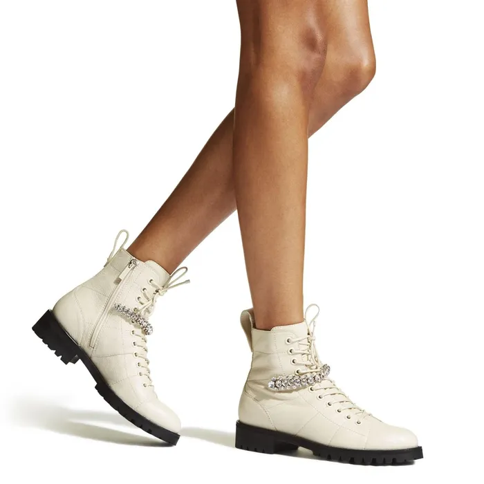 Cruz Flat Linen Grainy Leather Cruz Flat Boots With Crystal Detailing Linen Women JIMMY CHOO Boots