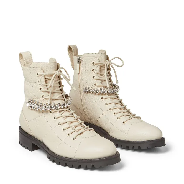 Cruz Flat Linen Grainy Leather Cruz Flat Boots With Crystal Detailing Linen Women JIMMY CHOO Boots