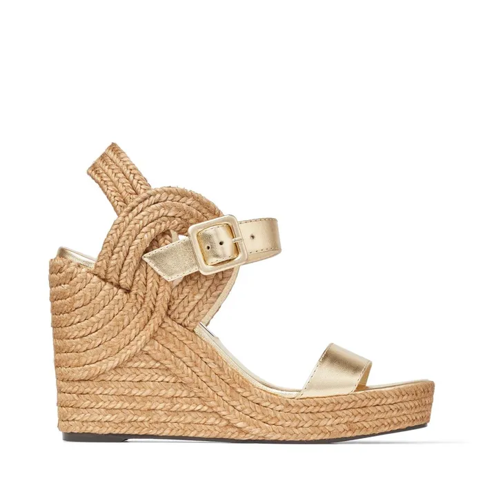 Delphi 100 Metallic Gold Nappa Leather Wedge Sandals With Braided Rope Gold Women JIMMY CHOO Wedges Delphi 100 Metallic Gold Nappa Leather Wedge Sandals With Braided Rope Gold Women JIMMY CHOO Wedges