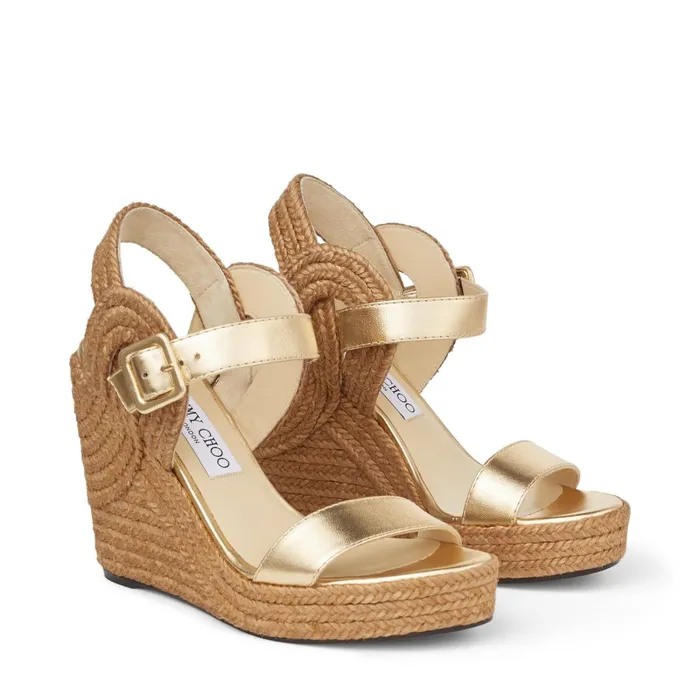 Delphi 100 Metallic Gold Nappa Leather Wedge Sandals With Braided Rope Gold Women JIMMY CHOO Wedges