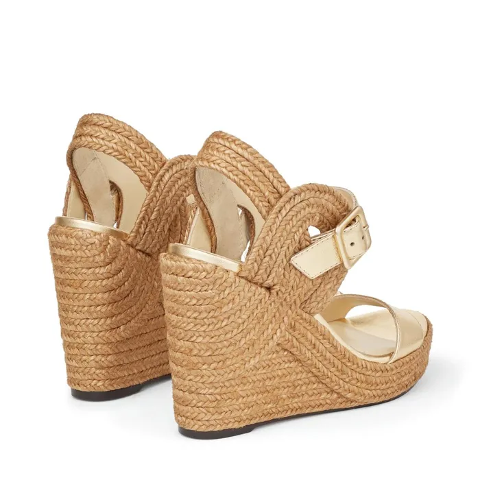 Delphi 100 Metallic Gold Nappa Leather Wedge Sandals With Braided Rope Gold Women JIMMY CHOO Wedges