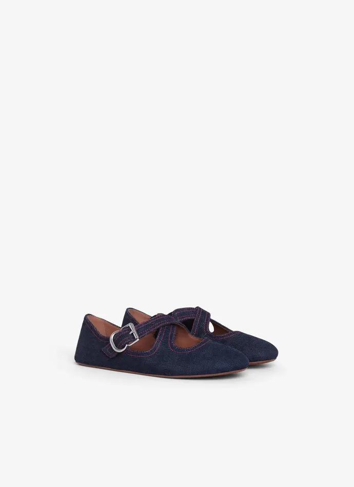 Denim Blue CRISS CROSS BALET FLATS IN DENIM Women Alaa La Ballerine