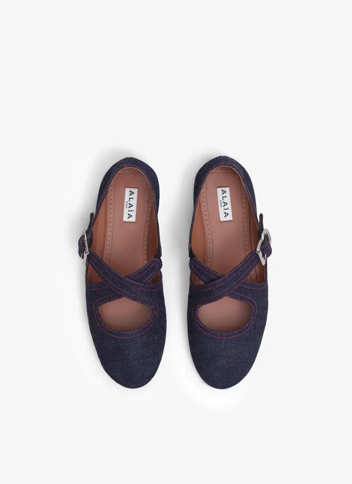 Denim Blue CRISS CROSS BALET FLATS IN DENIM Women Alaa La Ballerine