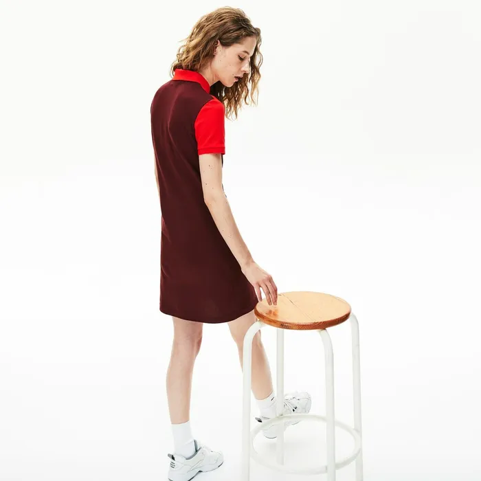 Dresses and Skirts Lacoste Womens ColorBlocked Stretch Cotton Polo Dress BordeauxBeigeRed Gift Ideas